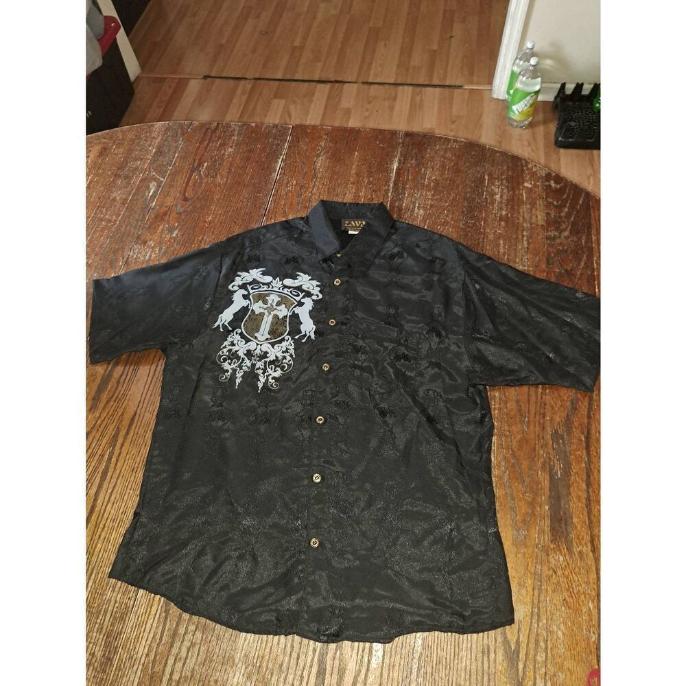 New Large Zava Black Silver Gold Western Hispanic Streetwear Short Sleeve Shirt